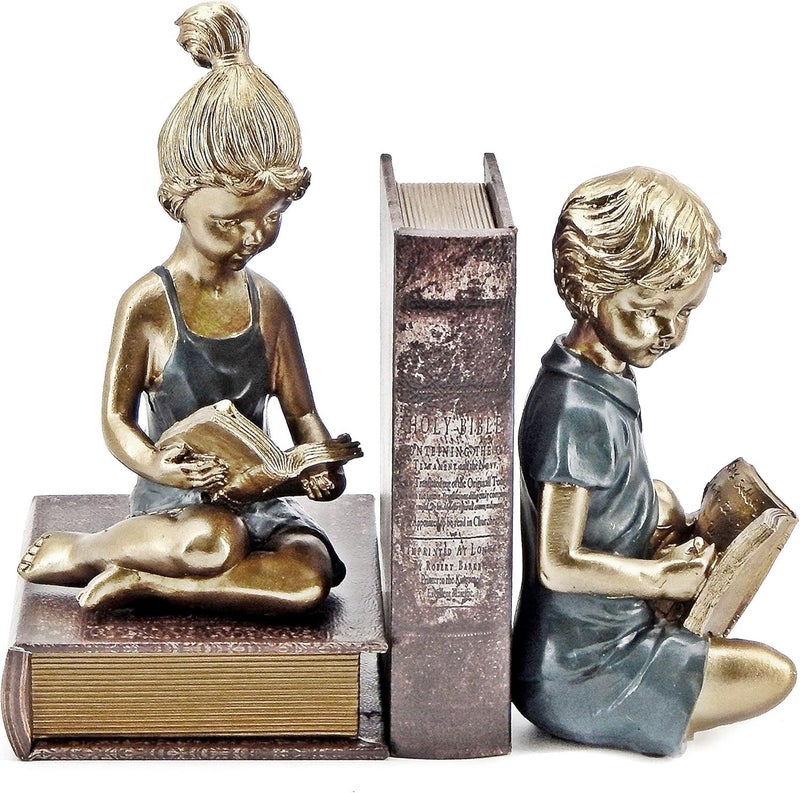 Bellaa 22951 Boy Girl Bookends Vintage Studious Reading Scholar Bookrack Stoppers for Heavy Duty Book Ends Holder Stand Decorative 8 inch - Image 2